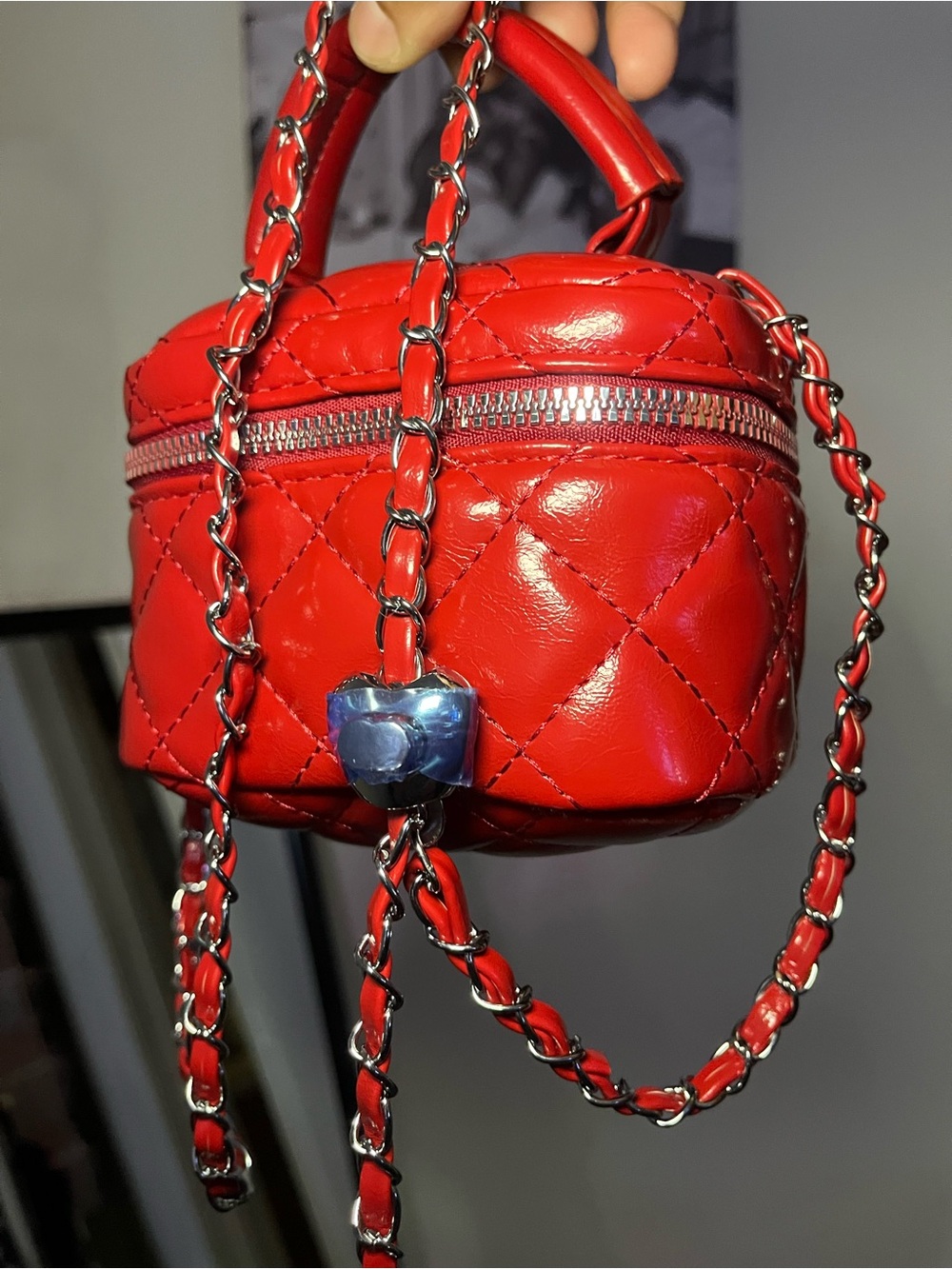 Red Quilted Mini Crossbody Bag with Chain Strap